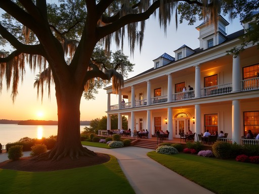 Historic Grand Hotel in Point Clear with Spanish moss-draped oaks and Mobile Bay sunset