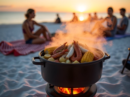 Family enjoying fresh seafood boil on Mobile's beaches at sunset