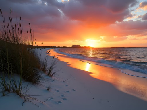 Sunset over the pristine beaches of Fort Morgan Peninsula with historic fort silhouette
