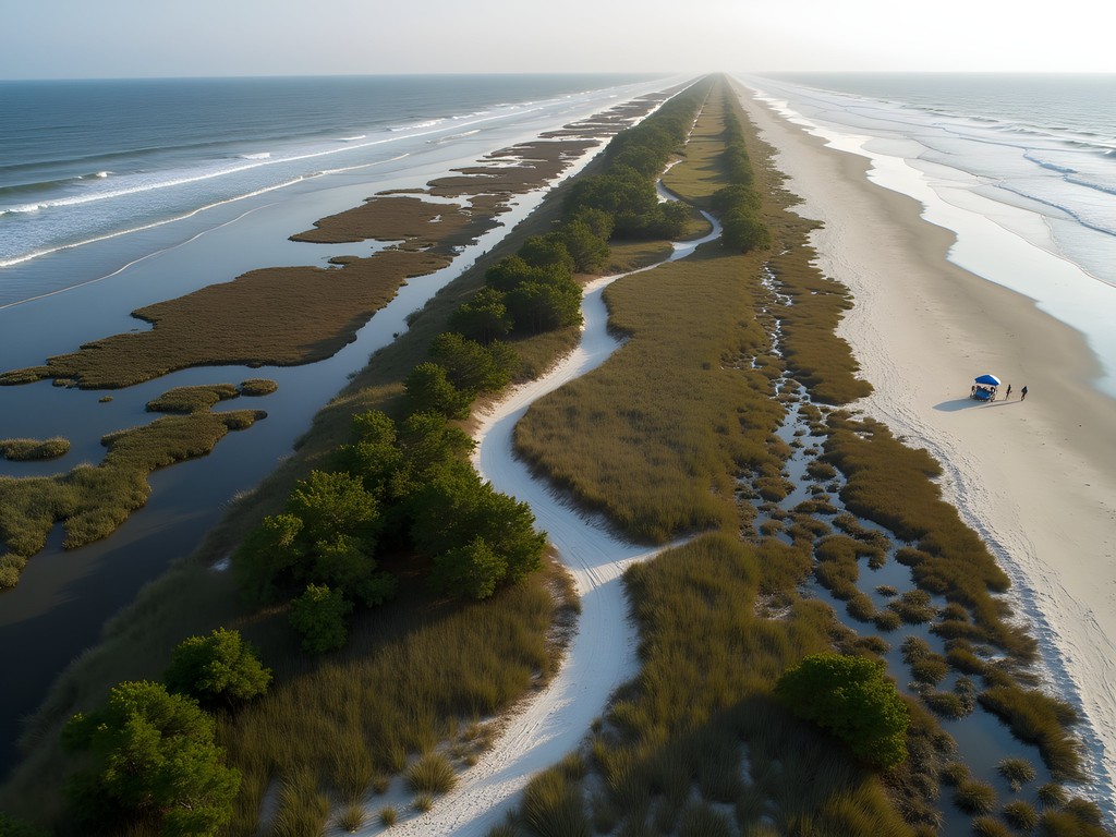 Diverse coastal ecosystems visible on undeveloped Waties Island research preserve
