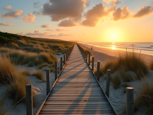 Wooden boardwalk stretching across dunes at Hammonasset Beach State Park at sunrise