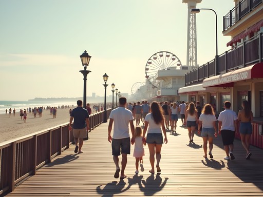 Families walking along the boardwalk at Ocean Beach Park in New London, Connecticut