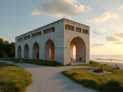 Historic stone pavilion at Rocky Neck State Park at sunset with families gathered