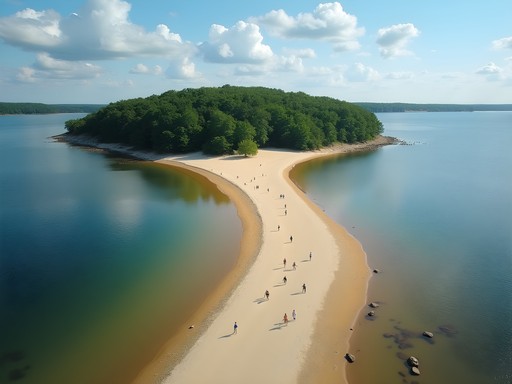 Natural sandbar tombolo connecting Silver Sands State Park to Charles Island at low tide