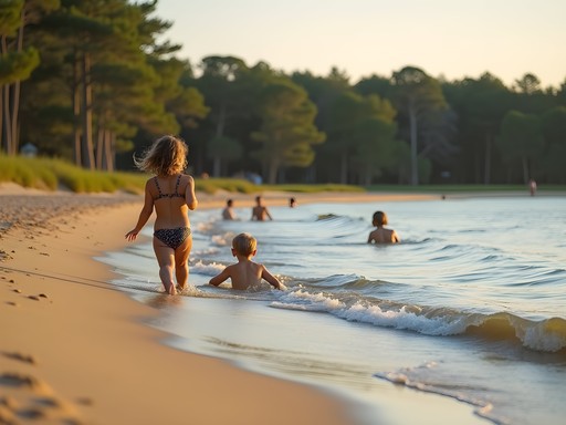 Little Creek Beach Norfolk with calm protected waters and families swimming in shallow bay