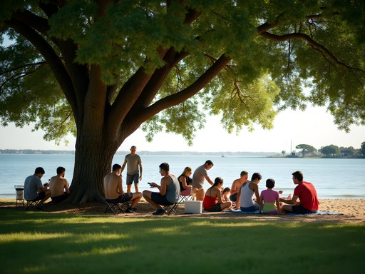 Ocean View Beach Park Norfolk with families gathered under shade trees near beach