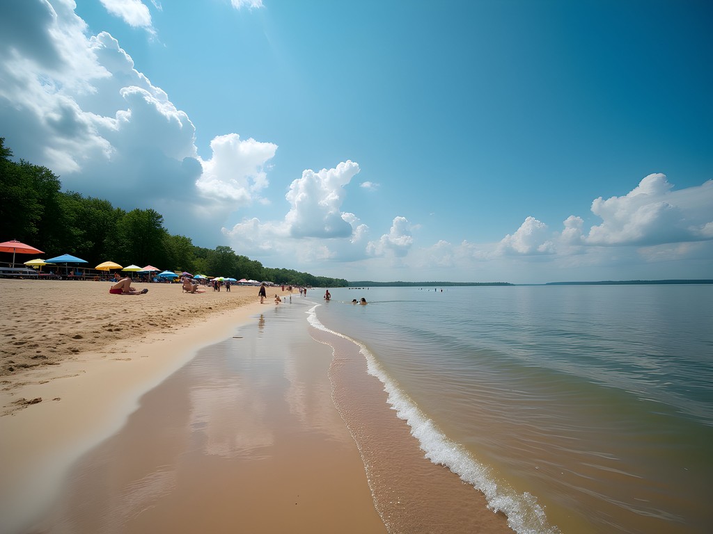 Sandy beach at Lake Saint Louis with families enjoying summer activities