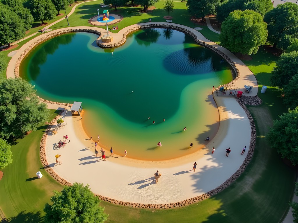 Aerial view of the lake and beach area at Veteran's Tribute Park in O'Fallon