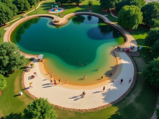 Aerial view of the lake and beach area at Veteran's Tribute Park in O'Fallon