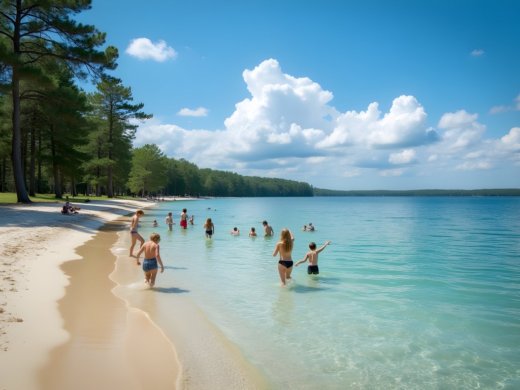 Family enjoying the clear blue waters at Sardis Lake beach area