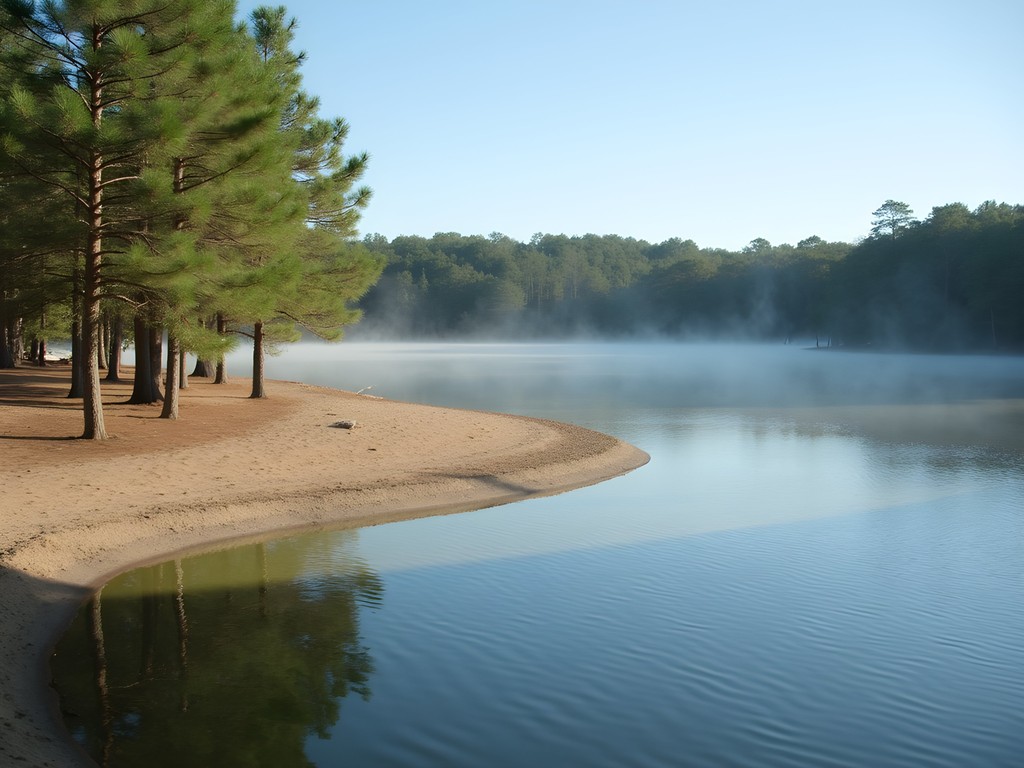 Serene lake view at Wall Doxey State Park with beach area visible