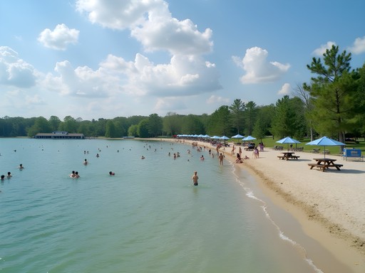 Arkabutla Lake main swimming beach with families enjoying the water