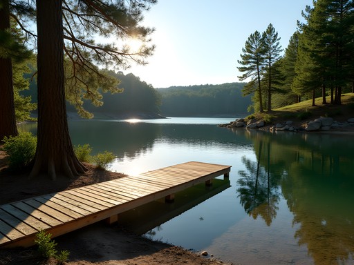 Natural swimming area at Goodman Lake with wooden dock and pine trees