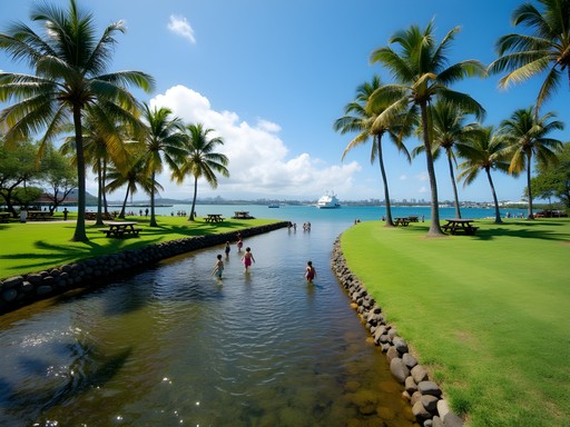 Families enjoying the calm waters at Neal S. Blaisdell Park with Pearl Harbor in background