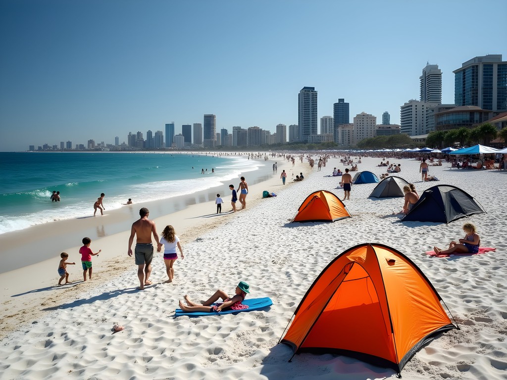 Morning at City Beach with local families setting up for the day with beach tents and umbrellas