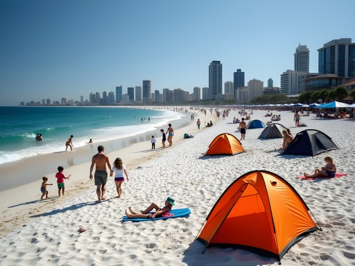 Morning at City Beach with local families setting up for the day with beach tents and umbrellas