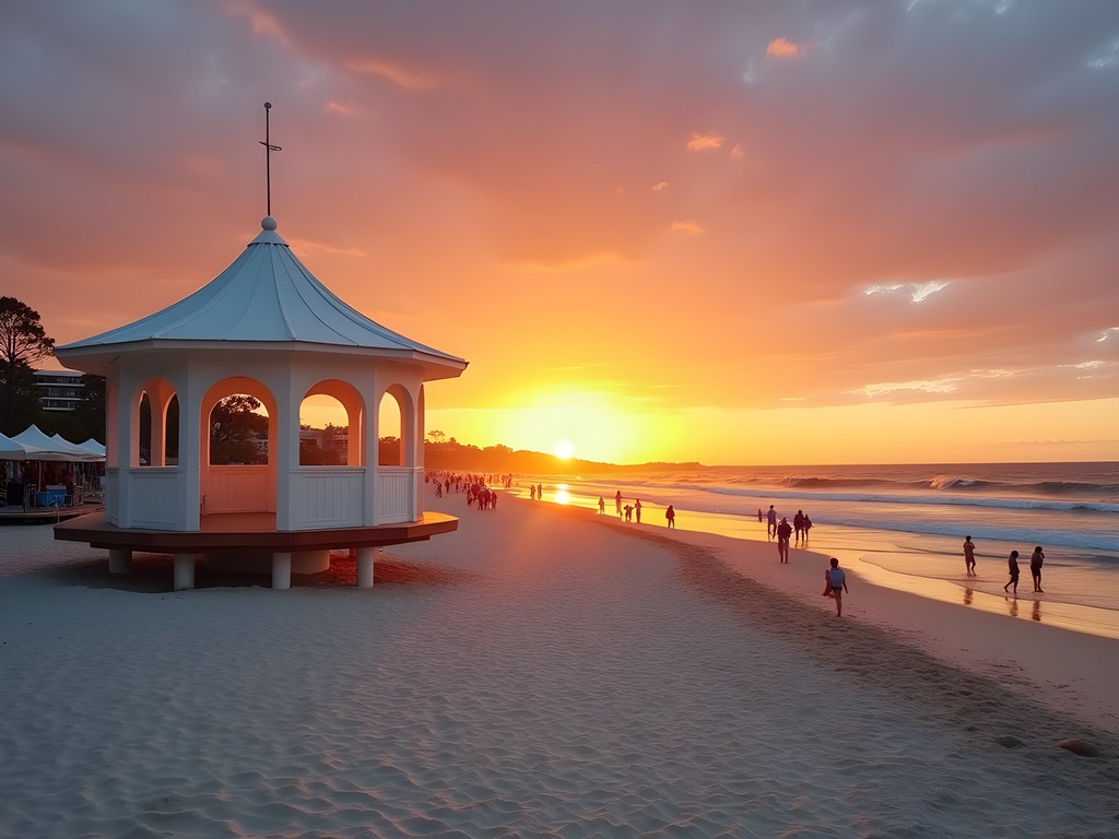 Sunset view of Cottesloe Beach pavilion with golden light reflecting on the Indian Ocean