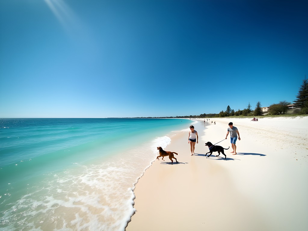 Wide open spaces at Leighton Beach with few crowds and dogs playing in the surf