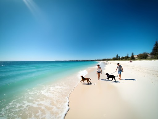 Wide open spaces at Leighton Beach with few crowds and dogs playing in the surf