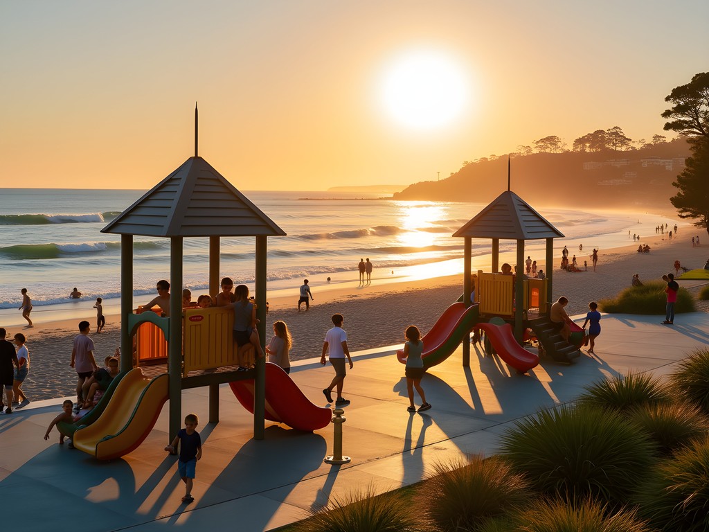 Scarborough Beach playground and oceanfront at sunset with families enjoying the facilities