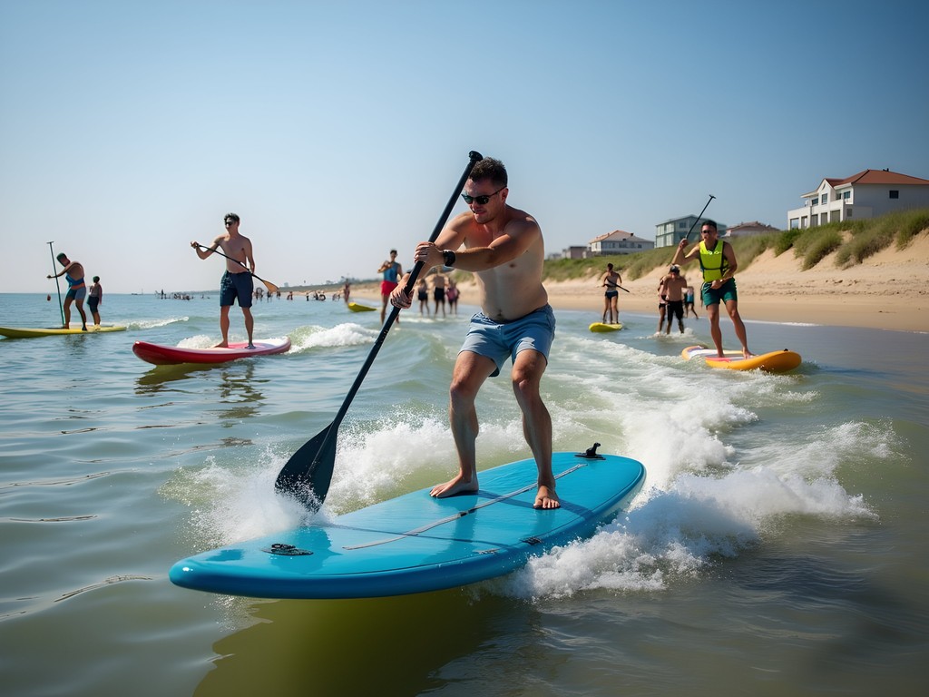 Active beach scene at Dewey Beach Delaware with water sports and families