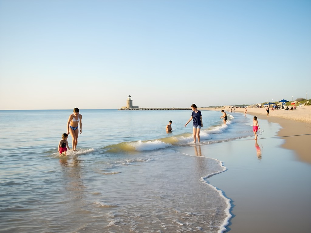 Calm bay waters at Lewes Beach Delaware with families wading