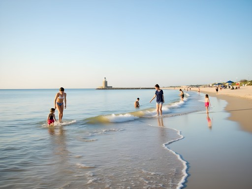Calm bay waters at Lewes Beach Delaware with families wading