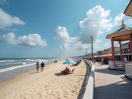Rehoboth Beach Delaware boardwalk with families and colorful beach umbrellas