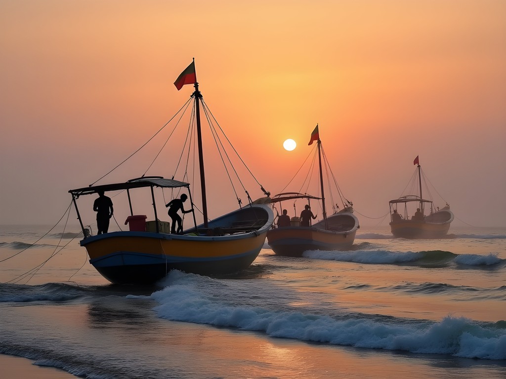 Traditional wooden fishing boats launching at dawn in Cabo Blanco, Piura
