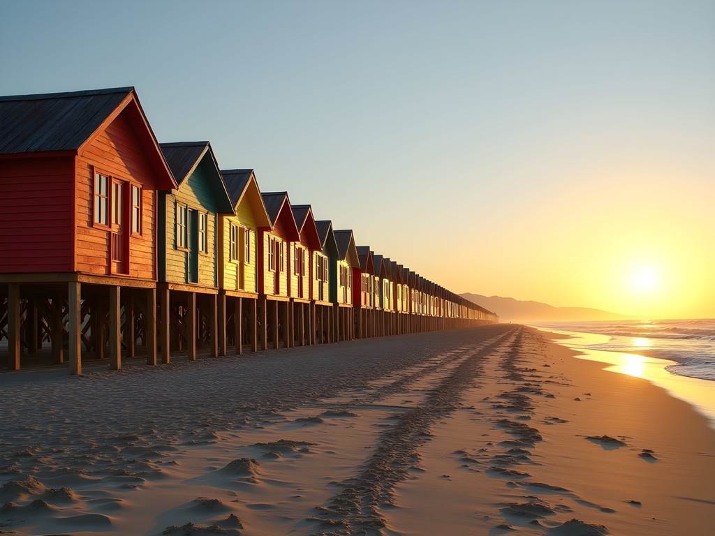 Colorful stilted houses along Colán beach at sunset in Piura, Peru