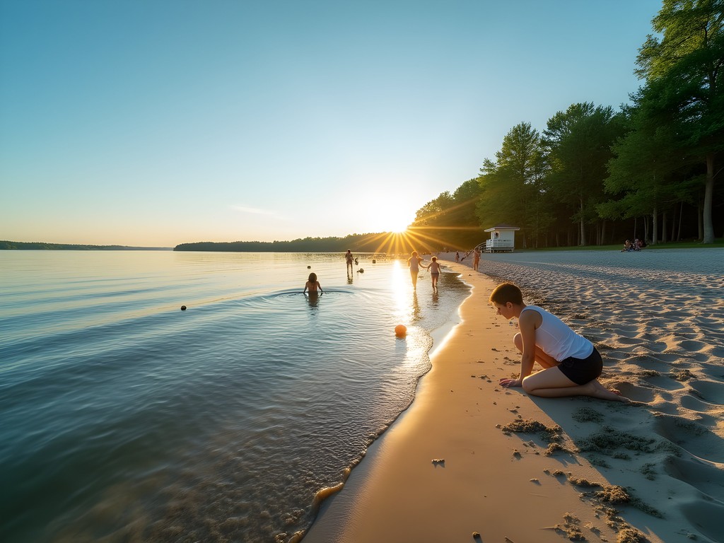 Families swimming at Medicine Lake beach in Plymouth Minnesota during early morning