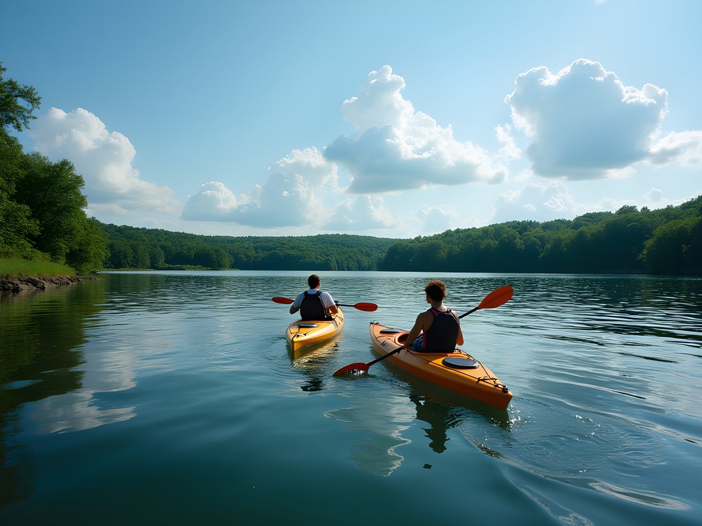 Family kayaking on Parkers Lake in Plymouth Minnesota with calm water