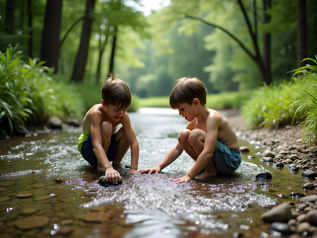 Children wading and exploring Plymouth Creek in Minnesota during summer