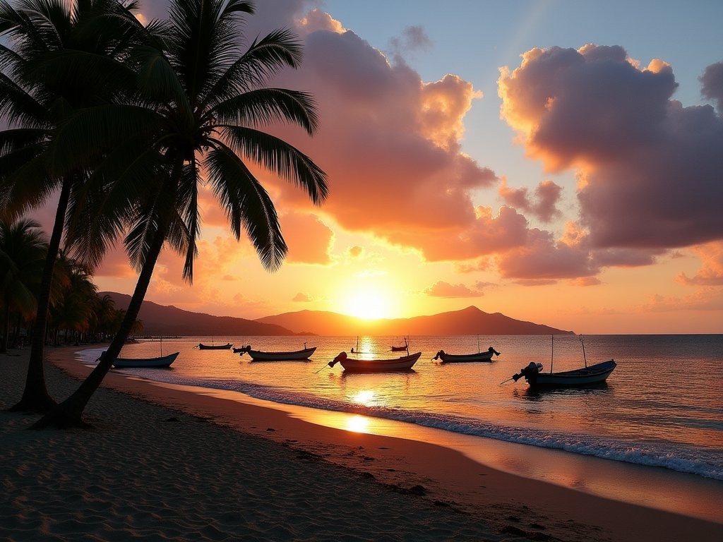 Sunset at Chagville Beach with silhouettes of palm trees and fishing boats