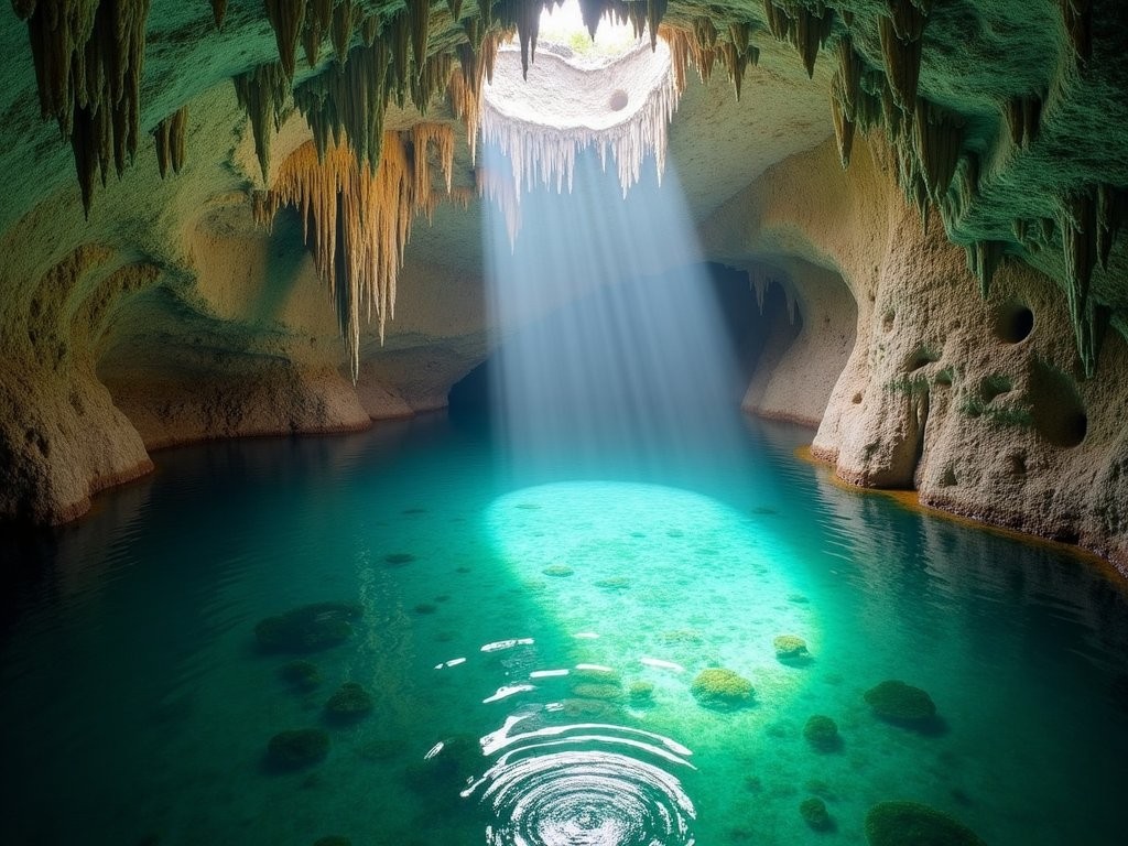 Emerald sea pool inside Gasparee Caves with sunlight streaming through natural opening