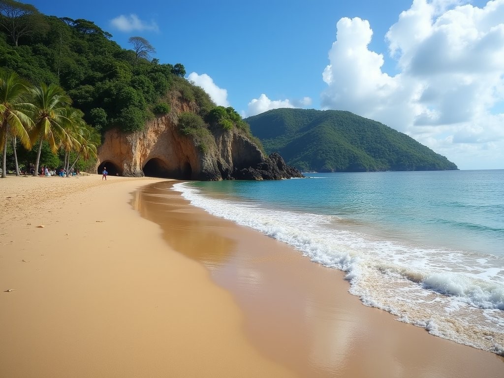Las Cuevas Bay with its long stretch of sand and natural caves visible in the distance
