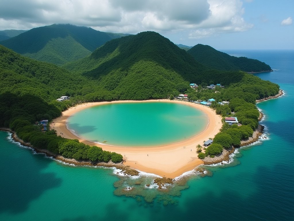 Aerial view of Macqueripe Bay showing the horseshoe-shaped cove surrounded by forest