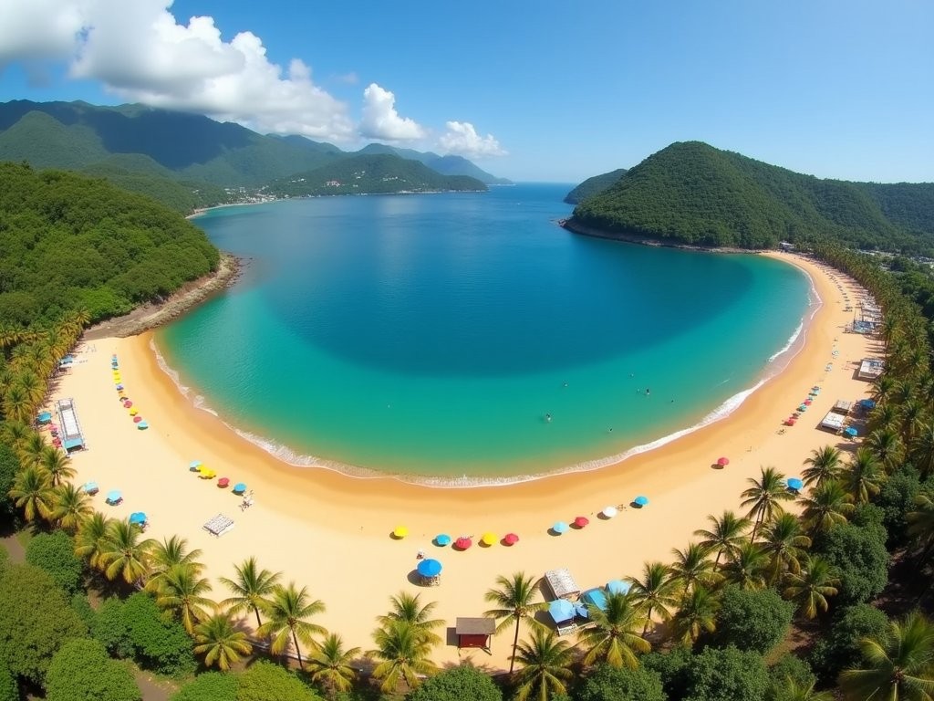 Panoramic view of Maracas Bay beach with golden sand and lush green mountains