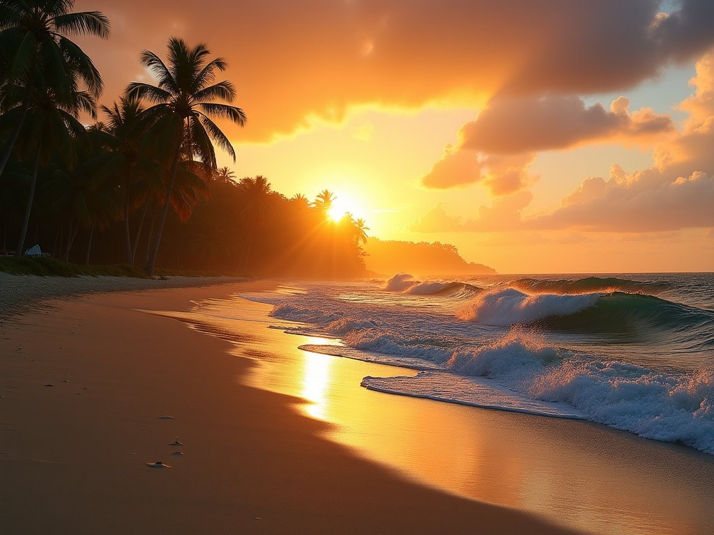 Sunrise over Mayaro Beach with coconut palms silhouetted against orange sky