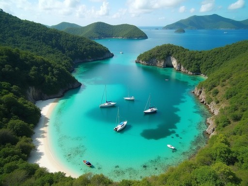 Crystal clear waters of Scotland Bay with anchored boats and dense forest surroundings