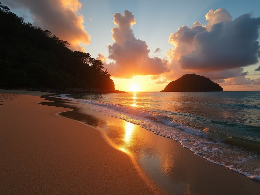 Sunrise over the intimate Tyrico Bay with golden light illuminating the small crescent beach