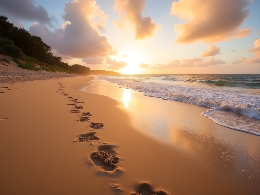 Sea turtle tracks in golden sand at Jensen Beach Port St. Lucie during spring morning