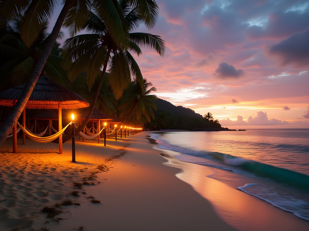Sunset at Las Caletas beach with tiki torches and palapas