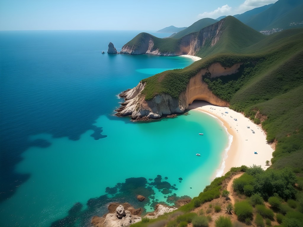 Aerial view of Las Gemelas twin beaches with turquoise water and white sand
