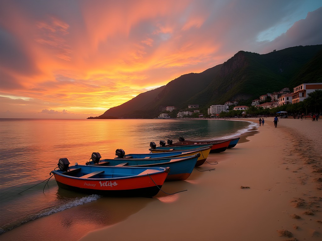 Sunset at Yelapa beach with fishing boats and the village backdrop
