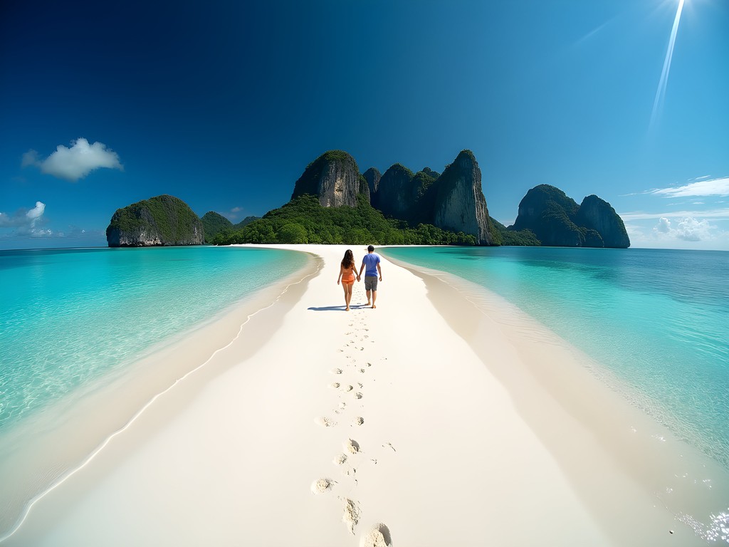 Pristine white sandbar emerging from turquoise waters at Pasir Timbul Raja Ampat with couple walking
