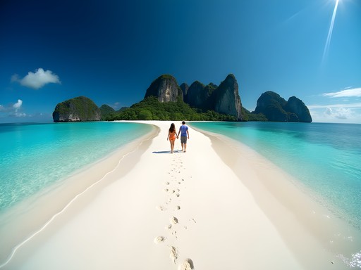 Pristine white sandbar emerging from turquoise waters at Pasir Timbul Raja Ampat with couple walking