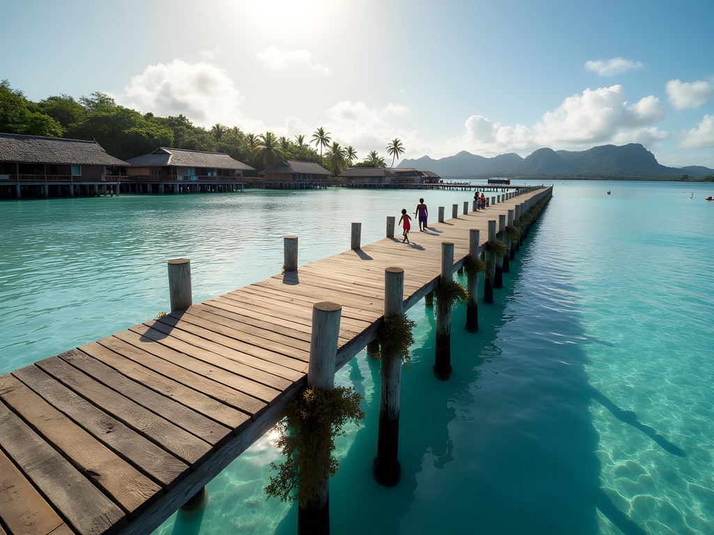 Historic wooden jetty at Yenbuba Beach Raja Ampat with traditional Papuan village and turquoise water