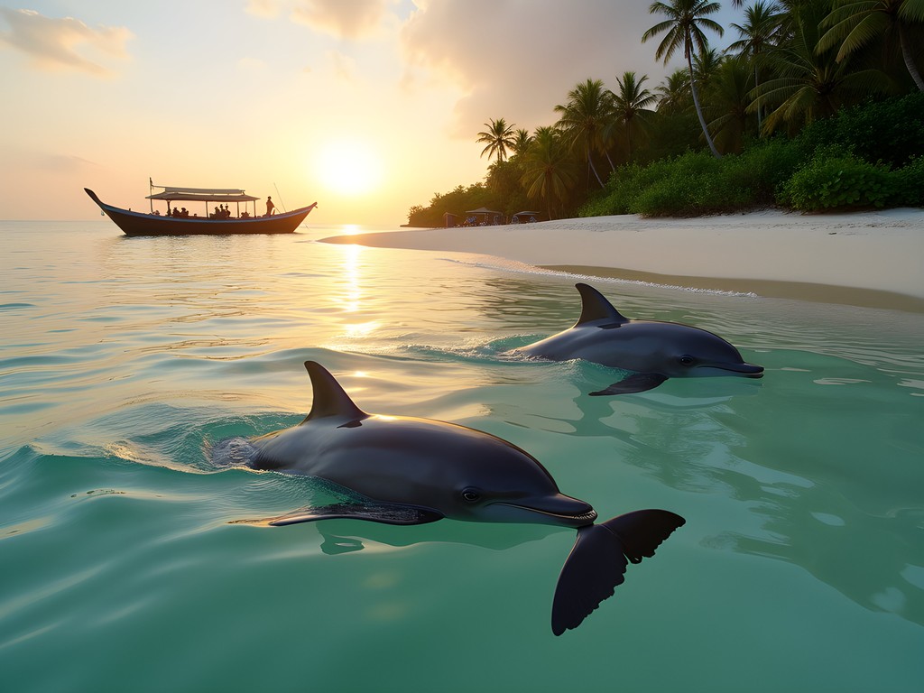 Wild dolphins swimming near the shore of Sawinggrai Beach at sunrise in Raja Ampat