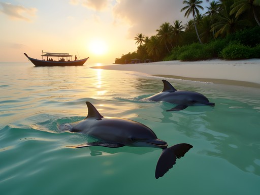 Wild dolphins swimming near the shore of Sawinggrai Beach at sunrise in Raja Ampat
